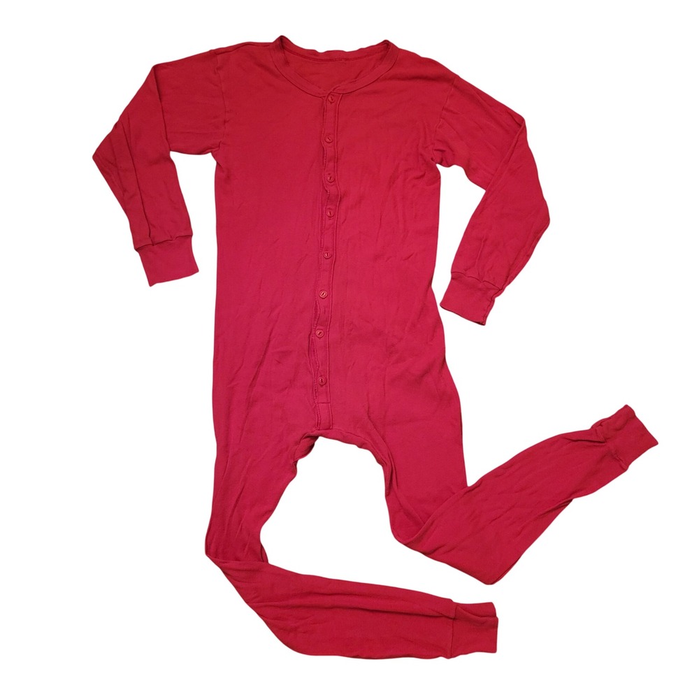 S/M Union Suit Red Ribbed Knit Thermal Rear Flap Long Johns Vintage Base Layer